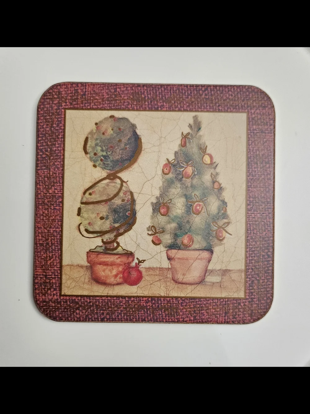 Pimpernel Vintage Christmas Topiary Cork-Backed Coasters Set of 5 with Holder